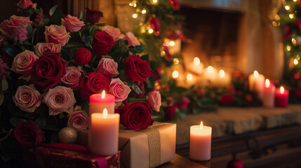 A cozy fireplace with a beautifully arranged bouquet of red and pink roses on the mantel, alongside a pair of lit candles casting a warm, intimate glow. 