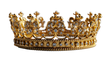 Golden crown isolated in PNG format with a transparent background, ideal for design and royalty themes.