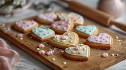 A flat lay of heart-shaped cookies decorated with pastel icing and small fondant flowers, placed on a wooden board with a rolling pin and cookie cutters in the background.