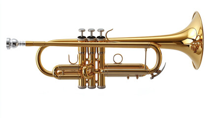 Obraz premium A shiny brass trumpet showcasing its intricate design and craftsmanship, perfect for music lovers and instrument enthusiasts.