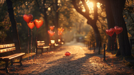 A high-angle shot of a path in a park, lined with heart-shaped balloons tied to benches, gently swaying in the breeze.