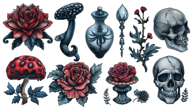 GOTH embroidered patch badge set, isolated in PNG format, ideal for alternative fashion and design