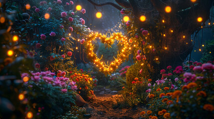 A romantic garden setting with a heart-shaped topiary surrounded by blooming flowers, with fairy lights hanging above, creating a magical and intimate atmosphere.