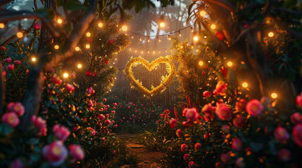 A romantic garden setting with a heart-shaped topiary surrounded by blooming flowers, with fairy lights hanging above, creating a magical and intimate atmosphere.
