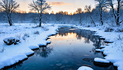 Fototapeta premium Rivière d'hiver au coucher du soleil