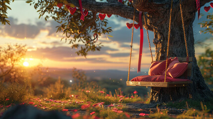 A romantic outdoor scene featuring a wooden swing adorned with heart-shaped cushions and a soft blanket, hanging from a tree with red and pink ribbons, with a sunset in the background.