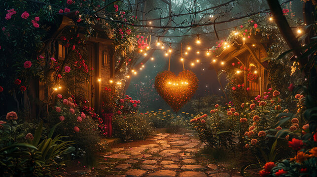 A romantic garden setting with a heart-shaped topiary surrounded by blooming flowers, with fairy lights hanging above, creating a magical and intimate atmosphere. - Powered by Adobe
