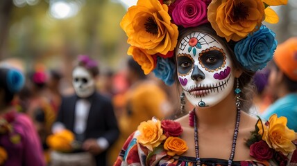 Close up of woman with sugar skull makeup during day of the dead