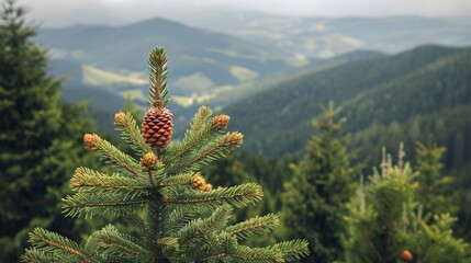 07231249 369. Spruce tree with a female cone prominently displayed, framed by the rolling hills and dense forests of the Westerwald mountains, illustrating the natural habitat