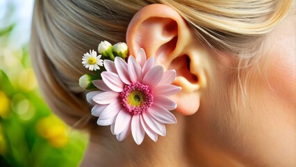 Naklejka premium A delicate flower bursts forth from the human ear, its petals unfolding like tiny wings, stamens swaying gently