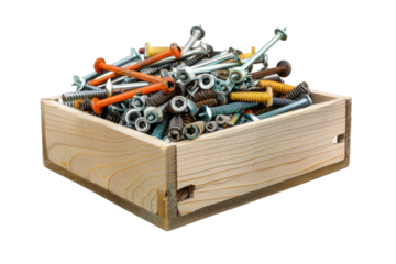 Box of assorted nails and screws, displayed on a white background