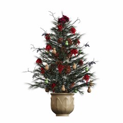Christmas tree with decorations, isolated on white background, 3D illustration, cg render