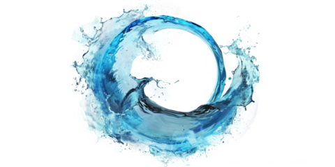 Dynamic splash of water in a circular shape, symbolizing freshness, isolated on a white backdrop