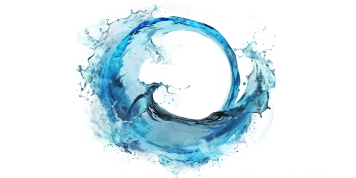 Dynamic splash of water in a circular shape, symbolizing freshness, isolated on a white backdrop