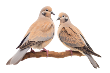 Two light brown doves perched on a branch against a white background. Suitable for nature-themed designs, greeting cards, and wildlife illustrations