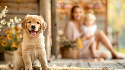 Happy golden retriever puppy on a wooden deck with family enjoying summer day