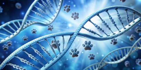 A DNA double helix comes into focus, surrounded by paw prints that underscore the scientific formulation of pet