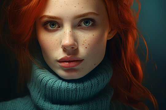 A captivating portrait of a young and beautiful woman with vibrant red hair and natural freckles, exuding charisma as she gazes into the camera. Generative AI.