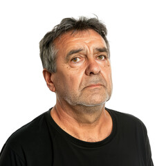 Obraz premium middle-aged man with a pensive expression, symbolizing depression, on a white background.
