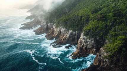 Aerial shot of the dramatic cliffs and ocean waves at the Tsitsikamma National Park, with dense forests