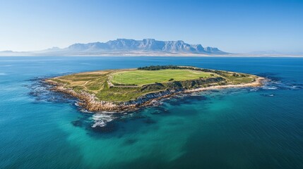 Obraz premium Aerial shot of the historic Robben Island, with its isolated shores and surrounding turquoise waters