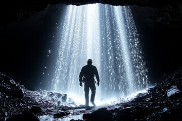Obraz premium A solitary explorer stands beneath a waterfall inside a dark cave, illuminated by the cascading water.