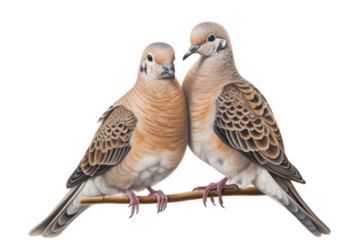 Two light brown doves perched on a branch against a white background. Suitable for nature-themed designs, greeting cards, and wildlife illustrations