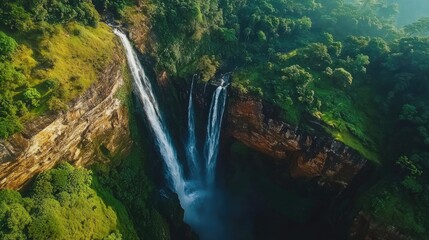 Aerial shot of the rugged landscapes and waterfalls of Bambarakanda Falls, Sri Lankaas highest waterfall