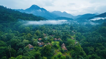 Obraz premium Aerial shot of the remote village of Meemure, nestled in the dense forests of the Knuckles Range, with misty peaks