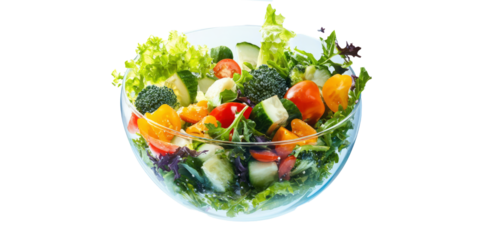 A floating bowl of vibrant fresh salad with colorful vegetables and dressing, suspended on white background.