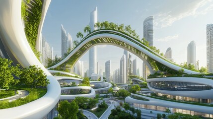 Fototapeta premium Futuristic Cityscape with Green Architecture and Modern Buildings