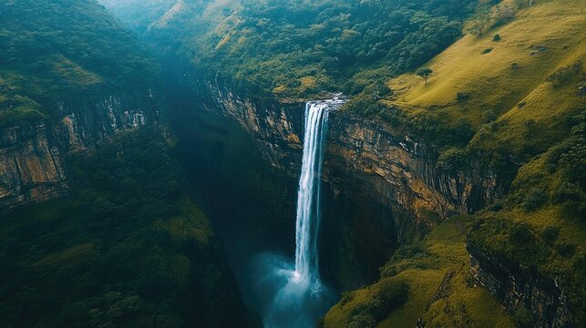 Aerial shot of the rugged landscapes and waterfalls of Bambarakanda Falls, Sri Lankaas highest waterfall