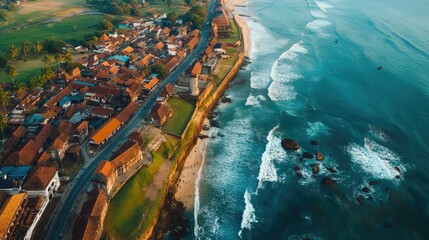 Aerial shot of the vibrant streets and colonial architecture of Galle Fort, with the ocean waves breaking on the ramparts