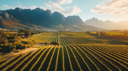 Fototapeta premium Aerial shot of the vibrant vineyards in Stellenbosch, with neat rows of grapevines and surrounding mountains