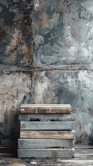 A DIY podium made from stacked concrete blocks, topped with a smooth wooden board, with a rugged, utilitarian look, set against a backdrop of raw materials.