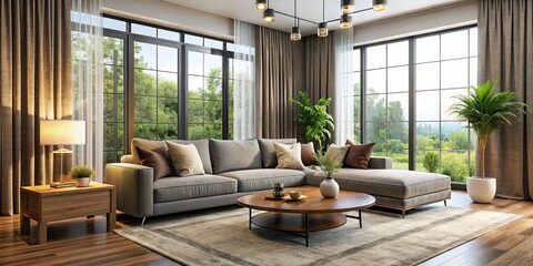 Fototapeta premium A harmonious blend of comfort and style defines this modern space, featuring a soft sofa, a chic coffee