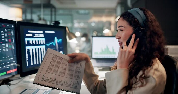 Trading, charts and woman with phone call in office for investment, review and client update. Digital currency, portfolio and investor with tech in discussion for crypto mining, blockchain and growth