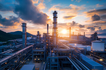 Close up Industrial view at oil refinery plant form industrial zone with sunrise and cloudy sky
