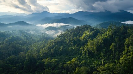 Obraz premium Aerial view of the Gunung Leuser National Park, showcasing dense rainforest and rugged terrain in Sumatra