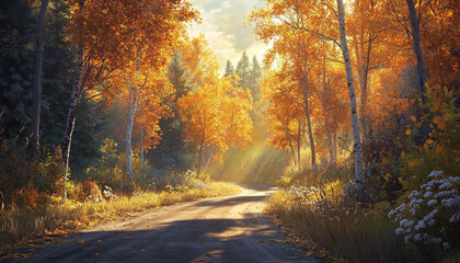 Fototapeta premium A serene autumn landscape featuring a winding road surrounded by vibrant orange and yellow foliage.