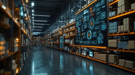 Fototapeta premium Modern Warehouse with Digital Interface and Storage Racks