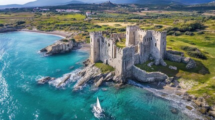 Naklejka premium Aerial view of the medieval castle ruins of Methoni, with its dramatic seafront and surrounding landscape