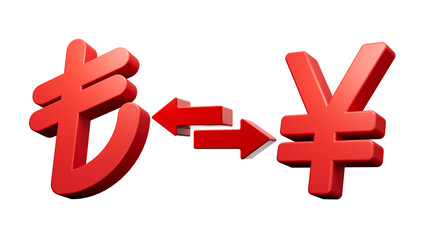 Obraz premium 3d Red Lira And Yen Symbol Icons With Money Exchange Arrows On White Background 3d illustration 