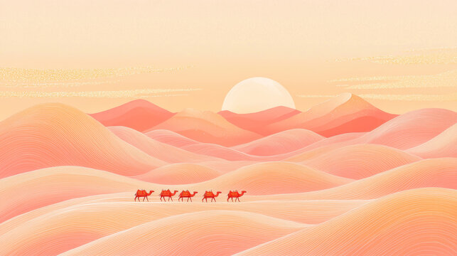 Ancient Chinese, Silk Road, Dunhuang art style illustration, camel caravan across the desert, sense of history wallpaper