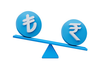 3d White Lira And Rupee Symbol On Rounded Blue Icons With 3d Balance Weight Seesaw, 3d illustration
