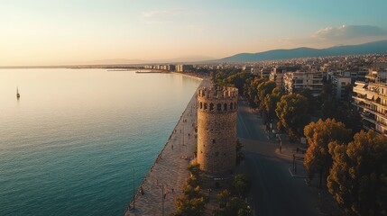 Fototapeta premium Aerial view of the Thessaloniki waterfront, showcasing the White Tower and the calm waters of the Thermaic Gulf