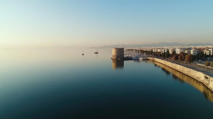 Aerial view of the Thessaloniki waterfront, showcasing the White Tower and the calm waters of the Thermaic Gulf