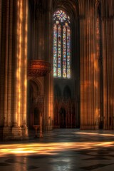 Sunlight Streaming Through Stained Glass Window in Cathedral Interior