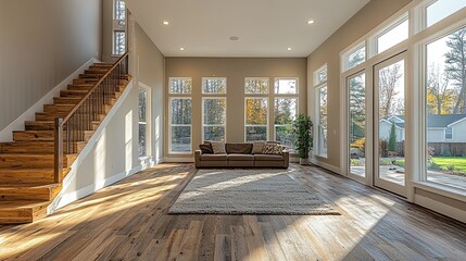 Interior of a new homea??s living room with rough electrical work and framing in place.