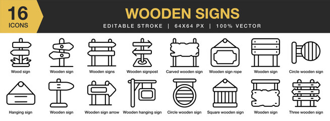 Fototapeta na wymiar Wooden sign icon set. Editable Stroke Icon Collection. Includes hanging sign, road, signpost, and More. Outline icons vector collection.